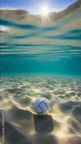 A water polo ball is floating in a pool of water. The ball is orange and white. The water is blue.