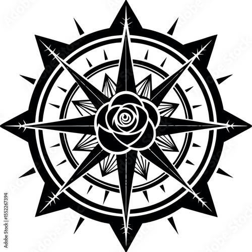 Intricate compass rose design featuring a central flower motif in black and white for artistic purposes Generative AI