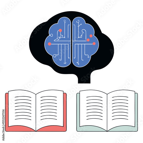 Conceptual representation of learning and technology integration in education featuring a brain with circuitry and open books Generative AI
