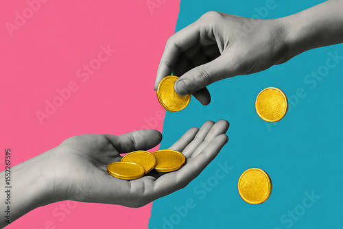 Modern Collage of Hands Exchanging Gold Coins – Financial Transaction Concept on Vibrant Background”