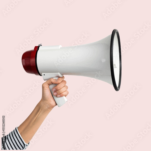 A Hand holding a white megaphone against a plain background for communication and announcements.