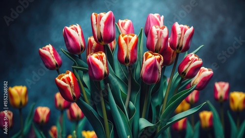 A beautiful bouquet of tulips, a bulbous spring-flowering plant with bold colored cup-shaped flowers.