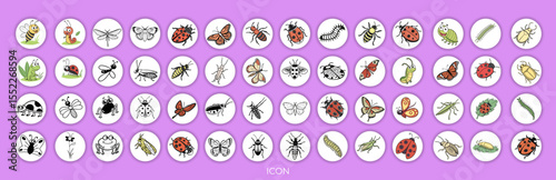 Set of insect illustrations, butterfly, caterpillar, cricket, ant, rhinoceros beetle, stag beetle, ladybug, cockchafer, realistic in 3d style.	
