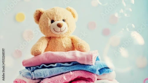 A teddy bear is sitting on top of a pile of clothes. The clothes are pink and white. Washing baby clothes, detergent for baby clothes.
