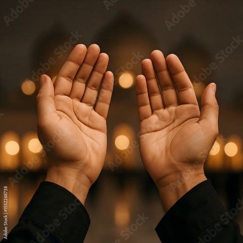Close-Up of Male Hands in Prayer During Ashura with Soft Mosque Lights in Background Representing Devotion and Remembrance