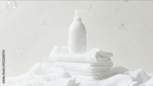 A bottle of washing gel is located at the top of a pile of white towels. The towels are folded on each other. Washing children's clothing, washing for children's clothing.