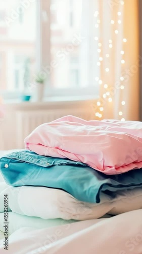 A bunch of clothes on a wooden table. Washing children's clothing, washing for children's clothing.
