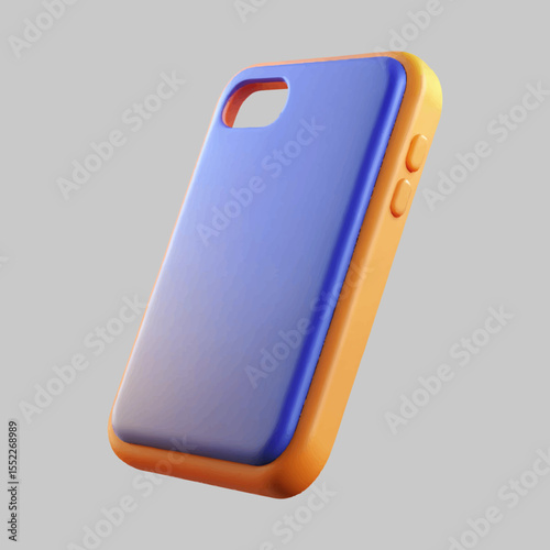 Isolated phone case render exhibits a smooth texture and modern design with orange and blue color scheme against black background.