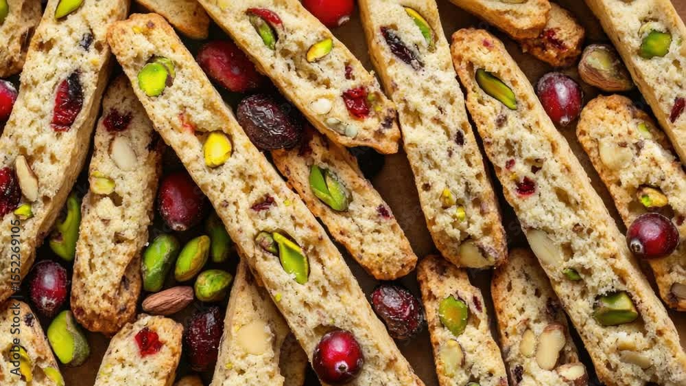 Freshly baked bread sticks topped with crunchy nuts and sweet cranberries, perfect for snacking or as a garnish