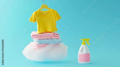 White gel for washing for a children's lotion is on a pile of children's clothing. Washing children's clothing, washing for children's clothing.