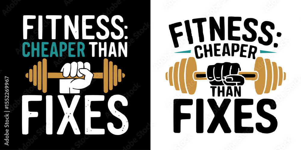 Obraz premium Bold Fitness Typography Design Featuring Fitness Cheaper Than Fixes Quote with Dumbbell and Fist Icon in Motivational Style for Workout Posters Gym Apparel Health Awareness and Exercise Lifestyle