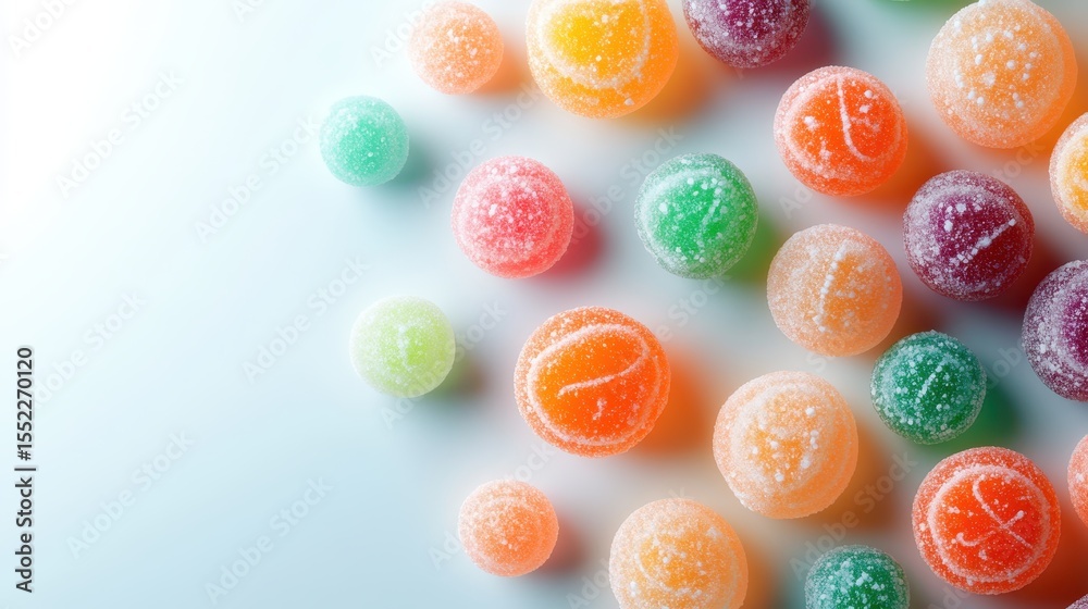 Fototapeta premium Vibrant sugar-coated candies in assorted colors are scattered playfully on a light background, evoking feelings of joy, indulgence, and the sweetness of childhood memories.