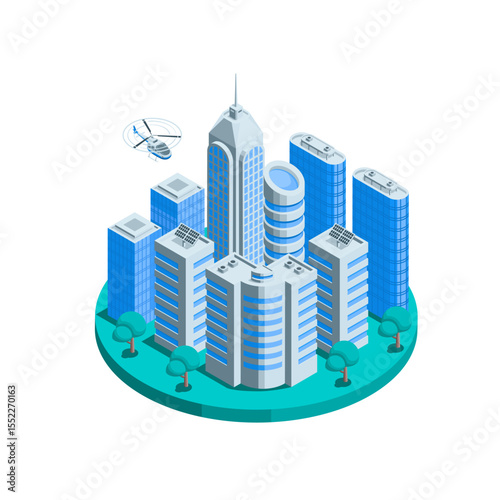 Isometric vector modern city from skyscrapers on a green round field, in color on a white background, an ecological city