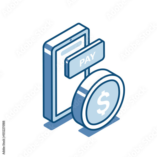 The isometric vector linear icon of the smartphone with button on the screen and coin with a dollar icon, in color on a white background, payment through the gadget