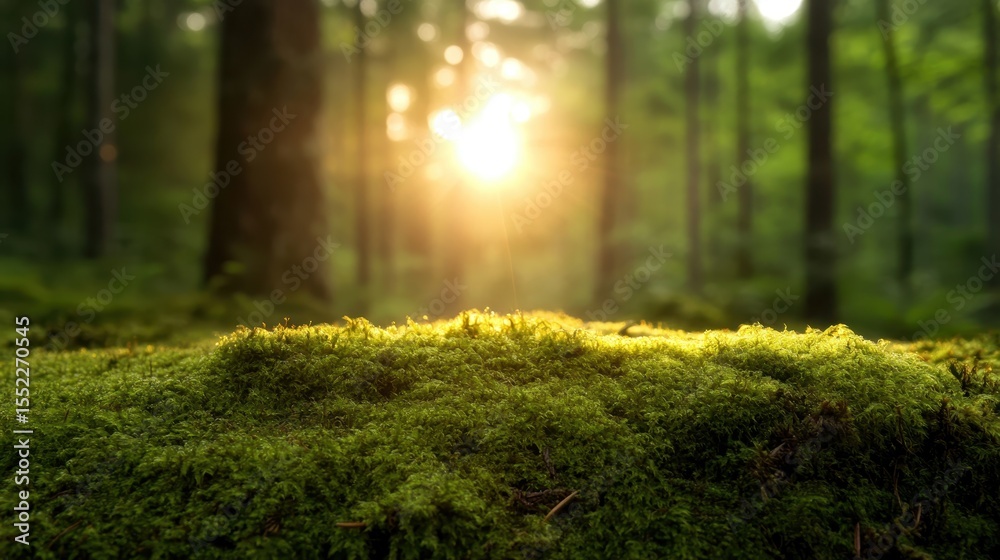 Fototapeta premium This enchanting image portrays a sunlit forest floor covered in moss, inviting the viewer to embrace the tranquility and beauty of nature's untouched landscapes and greenery.
