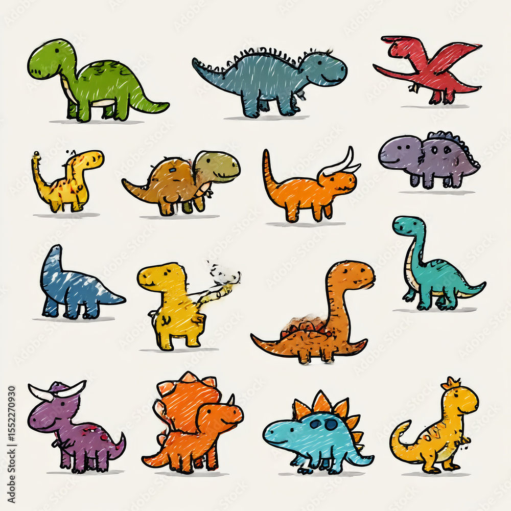 Fototapeta premium Collection of cute dinosaurs. Hand drawn cartoon brontosaurus, tyrannosaurus, pterodactyl, triceratops, stegosaurus, spinosaurus, plesiosaurus, ankylosaurus, velociraptor, parasaurolophus