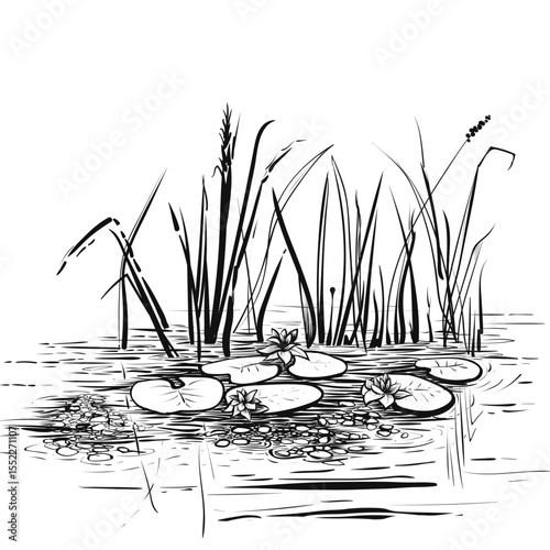 Sketch scene with reed and water lily⁠
