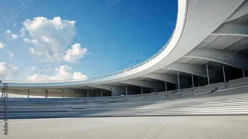 A stadium with a large white roof and a blue sky. The stadium is empty and the seats are empty