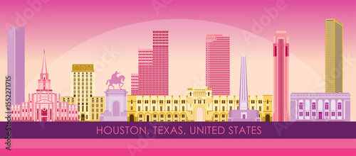 Sunset Skyline panorama of city of Houston, Texas, United States - vector illustration