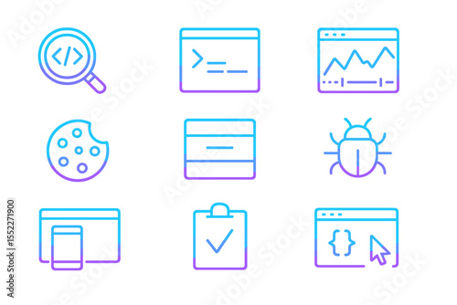 Neon icons of web development tools on a dark background