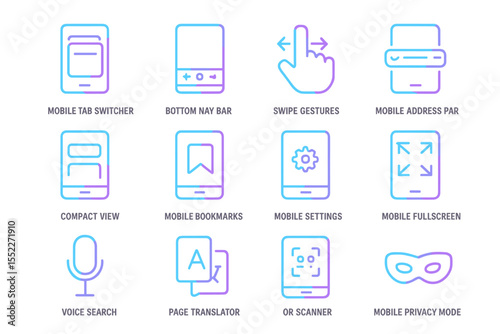 Neon style mobile app icons for gestures and settings in purple and blue