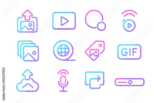 Neon media icons with glowing effects on dark background