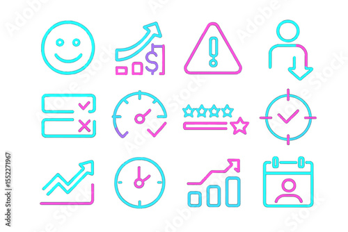Neon icons: business, graphs, alerts, and performance symbols in pink and blue
