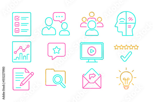 Neon icons featuring communication, ideas, and digital content