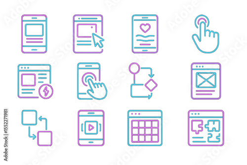 Neon icons of touchscreen technology and interface design elements