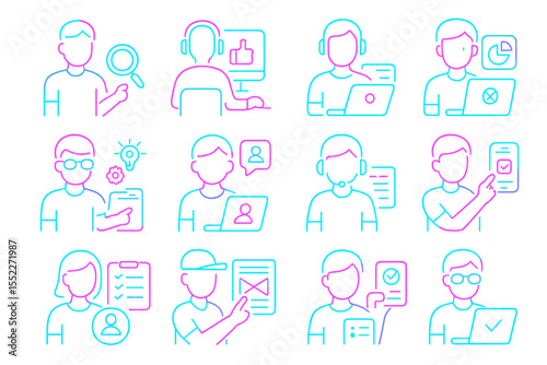 Neon icons representing diverse tech roles and digital activities