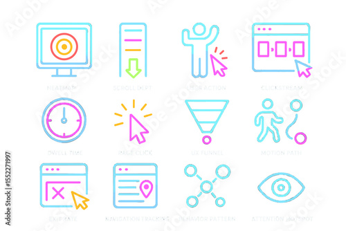 Neon icons representing digital user interaction and behavior analysis