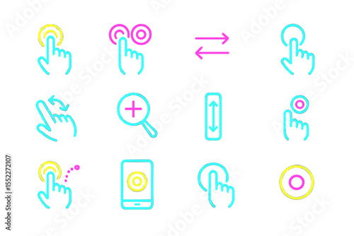 Colorful neon touchscreen gestures and icons set on black background