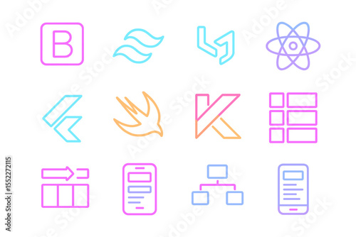 Neon symbols of popular programming frameworks and tools