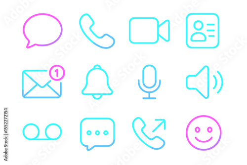 Neon communication icons: phone, message, video, social media in blue and pink