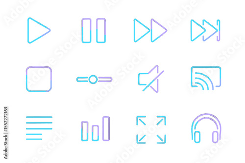 Neon media control icons on dark background with blue and purple glow