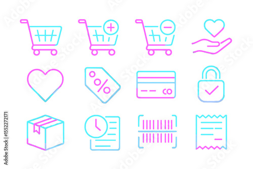 Neon icons of shopping carts, payment methods, and security symbols on black background