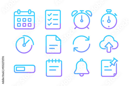 Neon gradient icons of clocks, calendars, and cloud in blue and purple glow