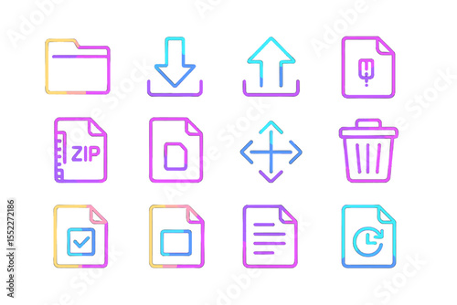 Colorful neon icons for file management on black background