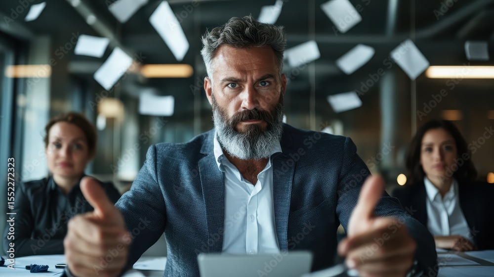 Fototapeta premium A confident businessman sits at a table in a chaotic office, symbolizing authority and decisiveness amidst the disruption of papers flying around, showcasing leadership in corporate settings.