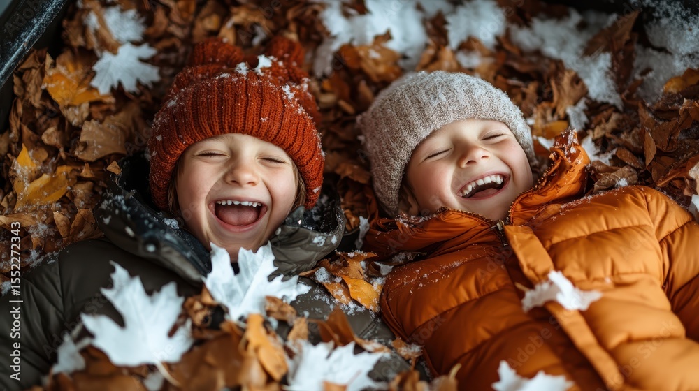 Two joyful children laughing and playing in a pile of colorful autumn leaves, creating a heartwarming scene that captures the essence of childhood joy and seasonal beauty. Two joyful children laughing and playing in a pile of colorful autumn leaves, creating a heartwarming scene that captures the essence of childhood joy and seasonal beauty.