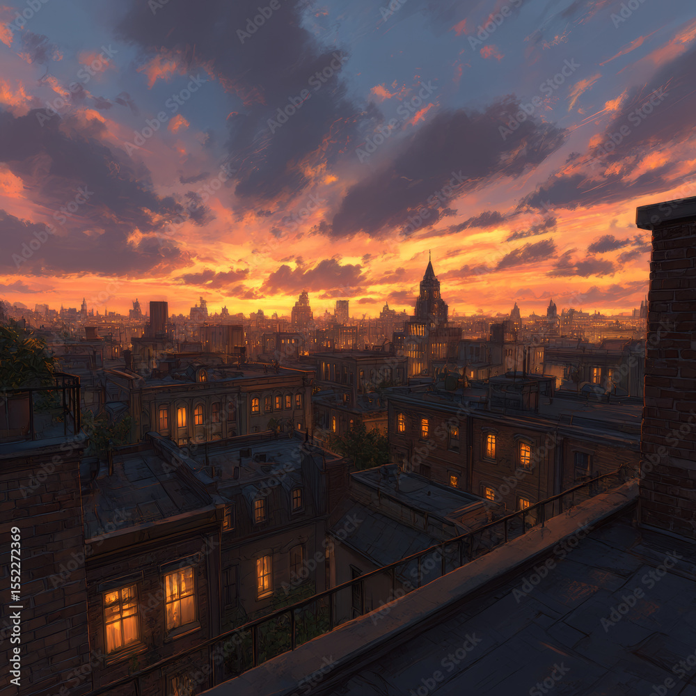 Fototapeta premium Rooftop balcony with cityscape at sunset