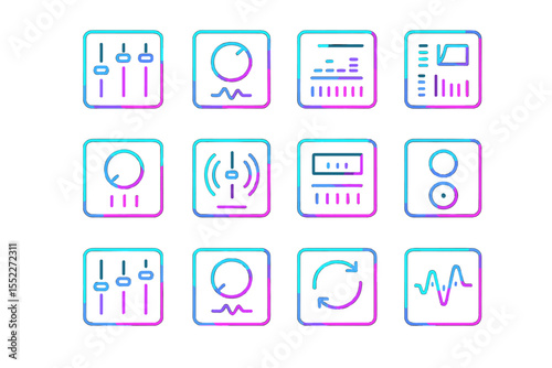 Neon style music interface icons on gradient background with glowing effects