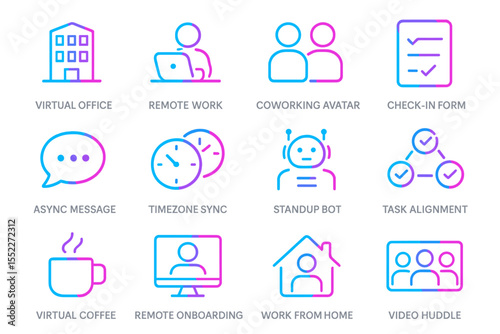 Neon icons displaying remote work and virtual office concepts