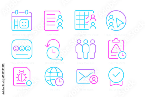 Neon icons for team collaboration and project management tools