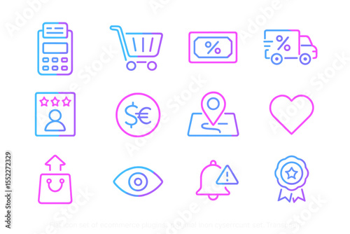 Neon ecommerce icons set displaying shopping, payment, and delivery symbols
