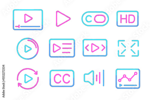 Neon multimedia control icons with play, pause, and volume symbols