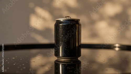 Black soda can with water droplets on glossy table surface  