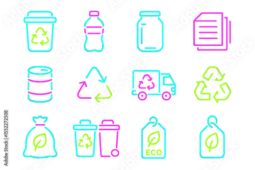 Neon recycling icons displaying eco-friendly and sustainable concepts