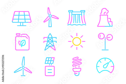 Neon energy icons: solar, wind, hydro, nuclear, innovation symbols display