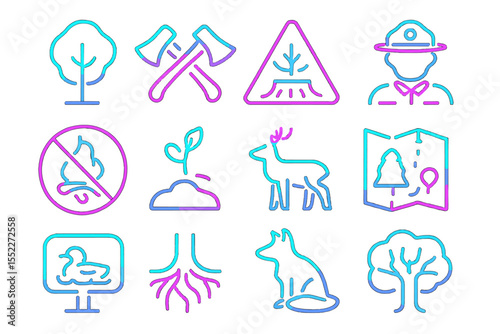 Neon forest icons: trees, conservation, wildlife, and nature symbols